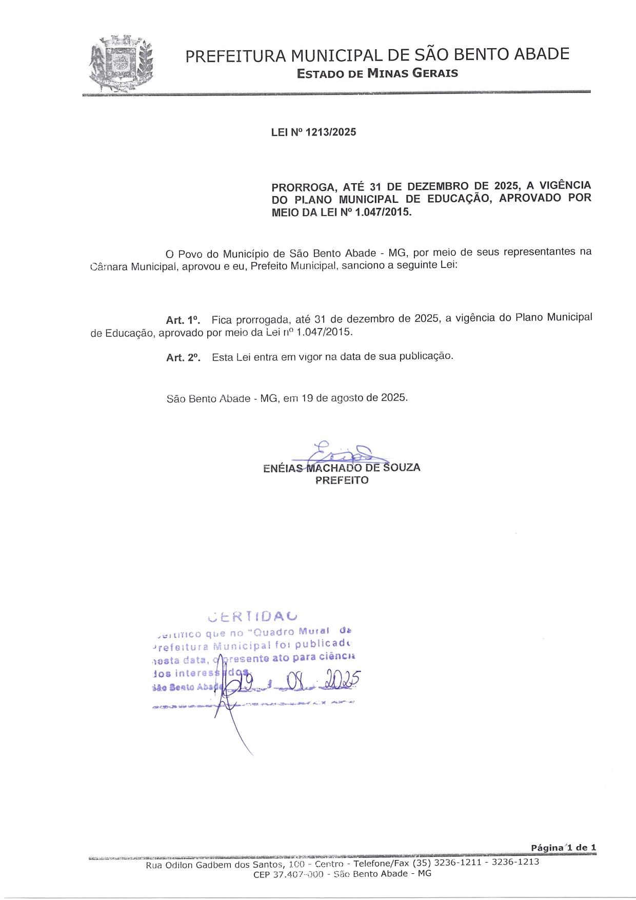 Lei Prorrogação do Plano Municopal de Educação page 0001