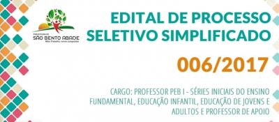 PS N&ordm; 006/2017 - Professor de Ensino fundamental e Educa&ccedil;&atilde;o Infantil